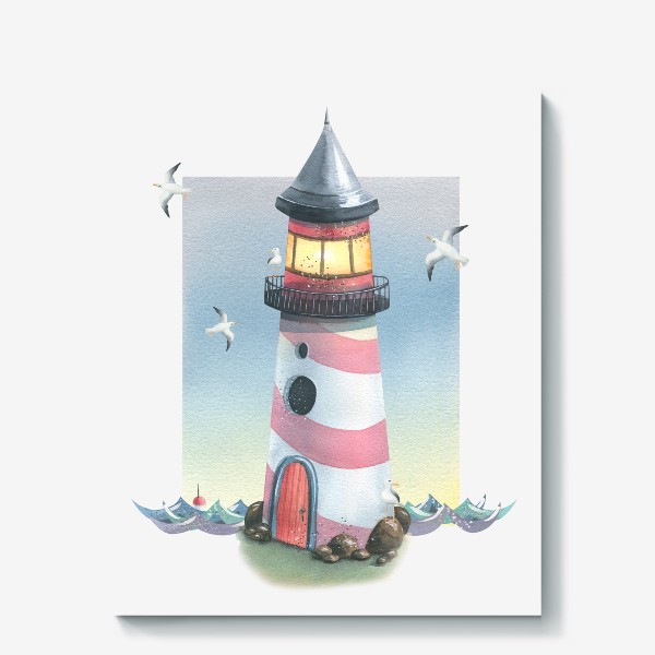 Холст «Морской маяк с чайками. Акварельный.»