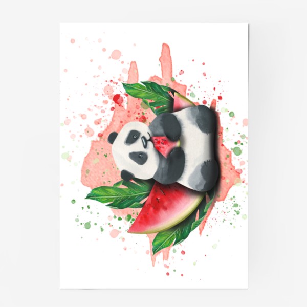 Постер «Милая панда ест арбуз. Акварель.»