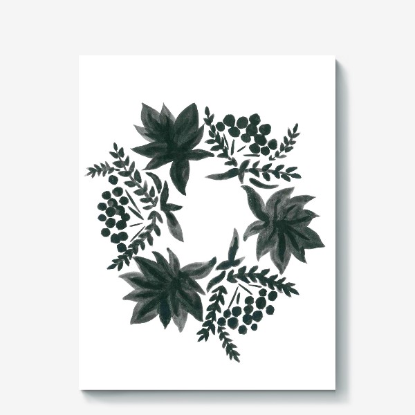 Холст «Autumn wreath of maple leaves and rowan bunches - Осенний венок из кленовых листьев и гроздей рябины в оттенках серого»