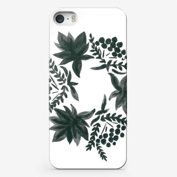 Чехол iPhone «Autumn wreath of maple leaves and rowan bunches - Осенний венок из кленовых листьев и гроздей рябины в оттенках серого»