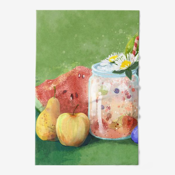 Полотенце «Фруктовый лимонад, яблоко, груша, слива, арбуз, ромашки»