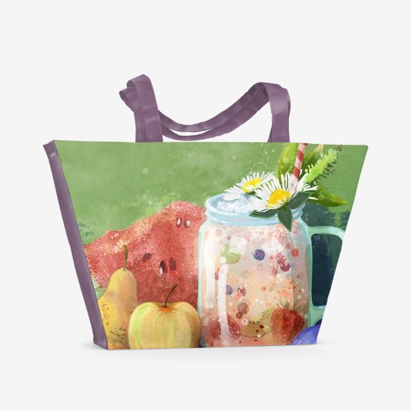 Пляжная сумка «Фруктовый лимонад, яблоко, груша, слива, арбуз, ромашки»