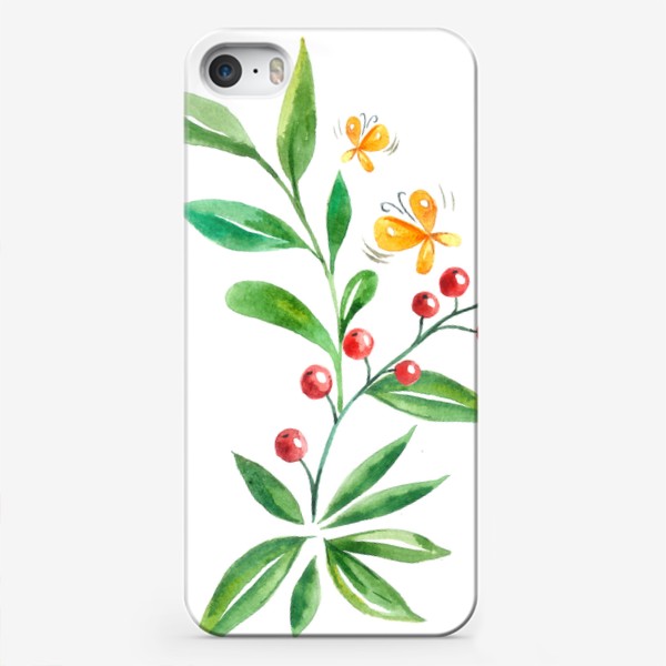 Чехол iPhone «акварель ветки растения с ягодой бабочки с надписью лето на белом фоне»