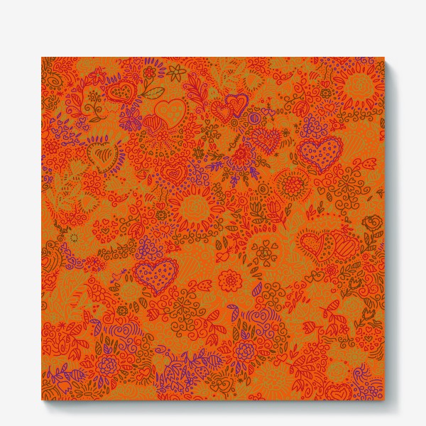 Холст &laquo;паттерн бесшовный сердца и цветы с растениями абстрактный оранжевый&raquo;