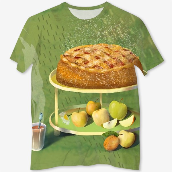 Футболка с полной запечаткой &laquo;Яблочный пирог. Яблоки. Абрикос. Ромашки. Стакан чаю.&raquo;