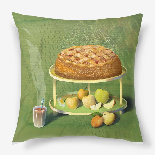 Подушка «Яблочный пирог. Яблоки. Абрикос. Ромашки. Стакан чаю.»