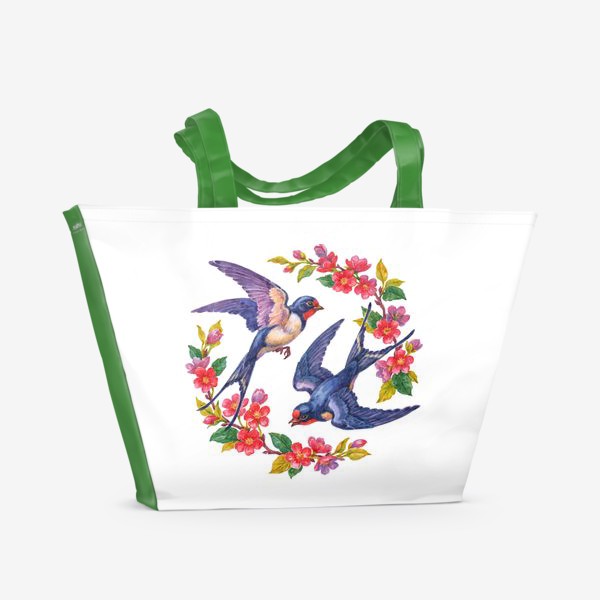 Пляжная сумка «Ласточки и цветы.»