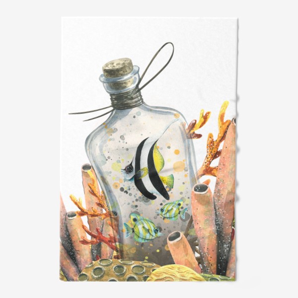 Полотенце «Кораллы, тропические рыбки в бутылке. Акварель.»