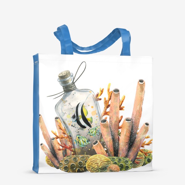 Сумка-шоппер «Кораллы, тропические рыбки в бутылке. Акварель.»