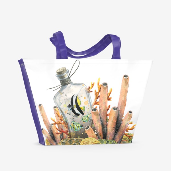 Пляжная сумка «Кораллы, тропические рыбки в бутылке. Акварель.»