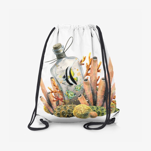 Рюкзак «Кораллы, тропические рыбки в бутылке. Акварель.»