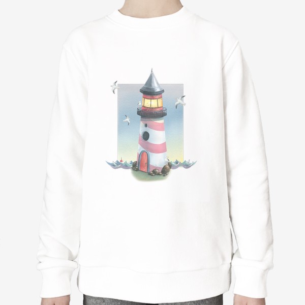 Свитшот &laquo;Морской маяк с чайками. Акварельный.&raquo;