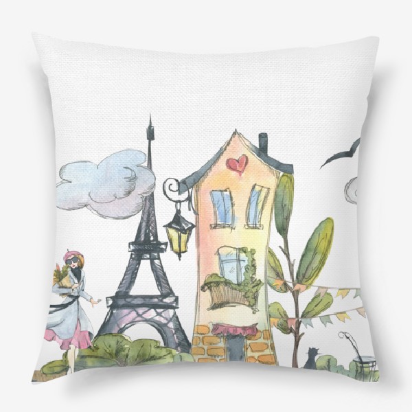 Подушка «Париж, городской пейзаж. Акварель, графика.»