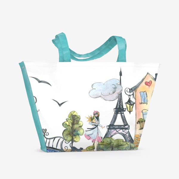Пляжная сумка &laquo;Париж, городской пейзаж. Акварель, графика.&raquo;