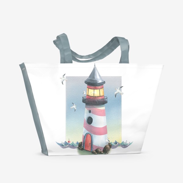 Пляжная сумка «Морской маяк с чайками. Акварельный.»