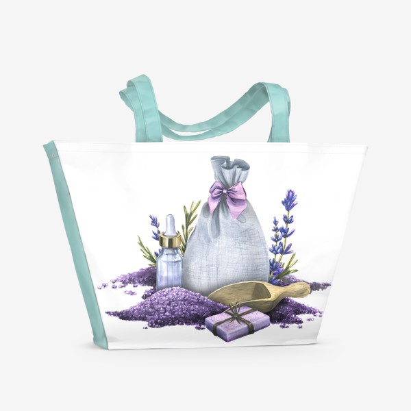 Пляжная сумка «Косметика, лавандовое СПА, цветы, соль и мыло для ванны. Акварель.»