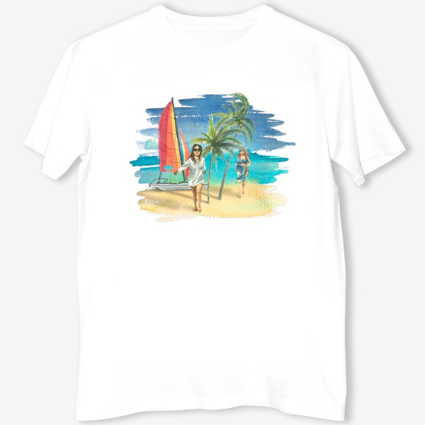 Футболка «Пляж, яхта, море, девушки, пальмы. Акварель.»