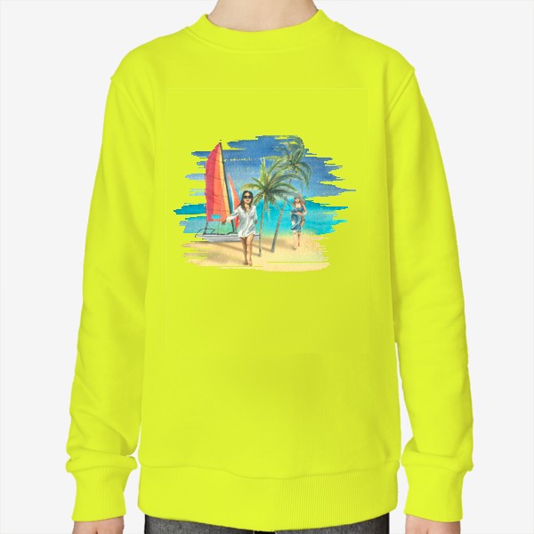Свитшот «Пляж, яхта, море, девушки, пальмы. Акварель.»
