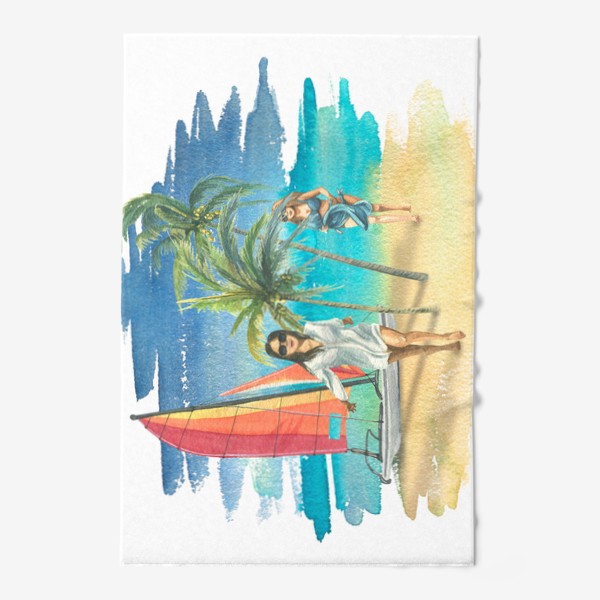 Полотенце «Пляж, яхта, море, девушки, пальмы. Акварель.»