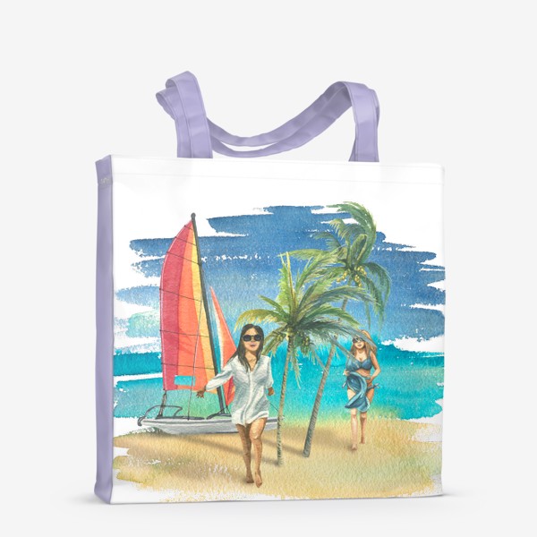 Сумка-шоппер «Пляж, яхта, море, девушки, пальмы. Акварель.»