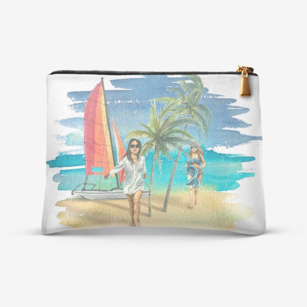 Косметичка «Пляж, яхта, море, девушки, пальмы. Акварель.»