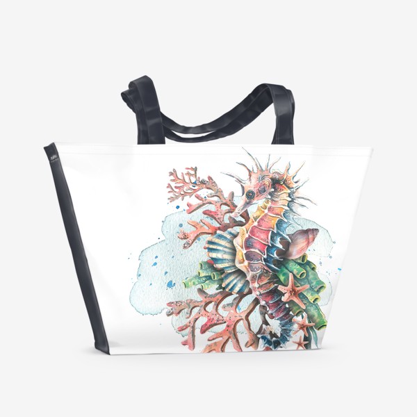 Пляжная сумка «Морской конек, кораллы, ракушки, подводный мир. Акварель.»
