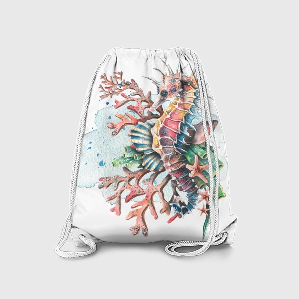 Рюкзак «Морской конек, кораллы, ракушки, подводный мир. Акварель.»