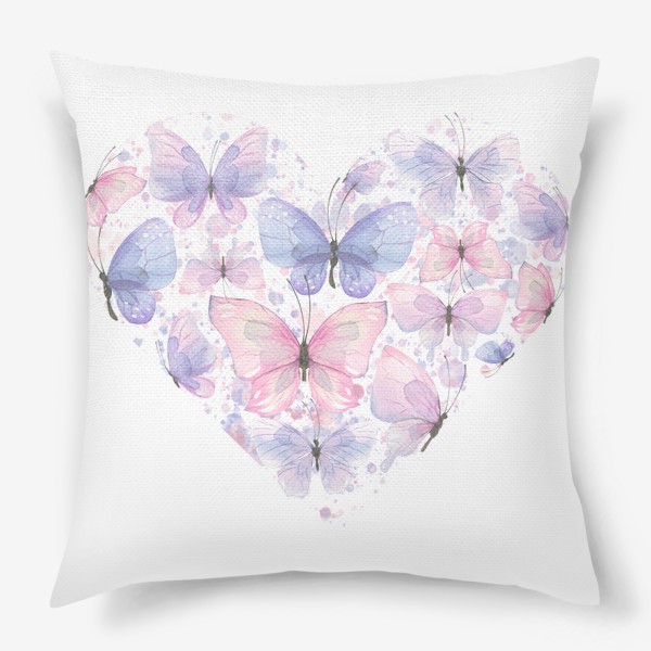 Подушка «Нежные розовые и сиреневые бабочки в форме сердца.»