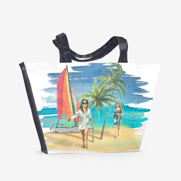 Пляжная сумка «Пляж, яхта, море, девушки, пальмы. Акварель.»