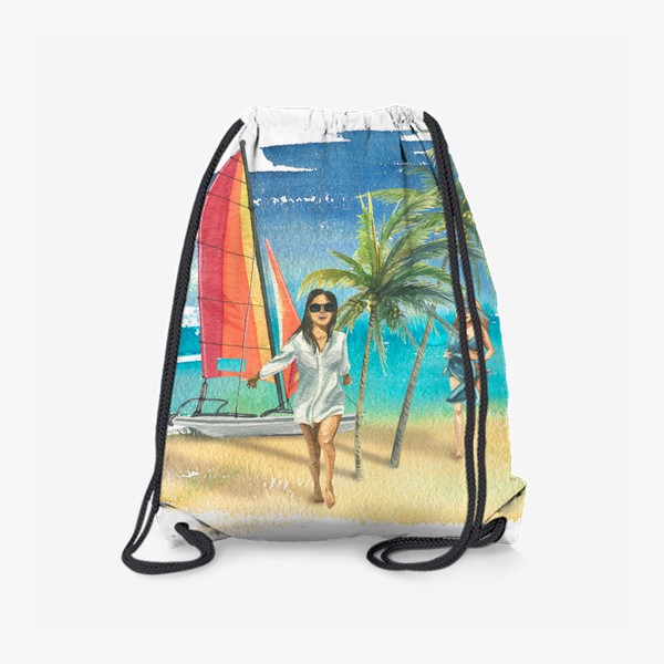 Рюкзак «Пляж, яхта, море, девушки, пальмы. Акварель.»