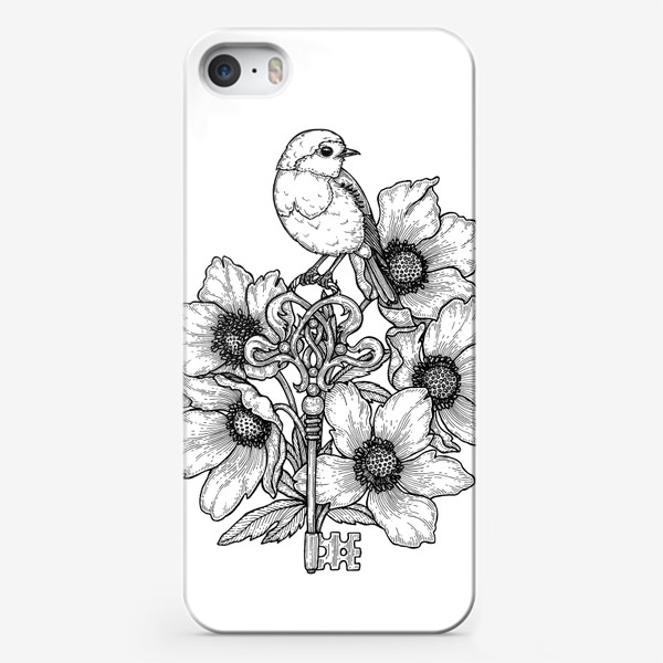 Чехол iPhone «Птица, ключ и цветы (черно-белый вариант)»