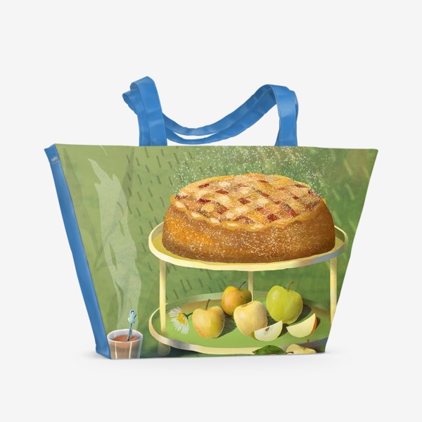 Пляжная сумка «Яблочный пирог. Яблоки. Абрикос. Ромашки. Стакан чаю.»
