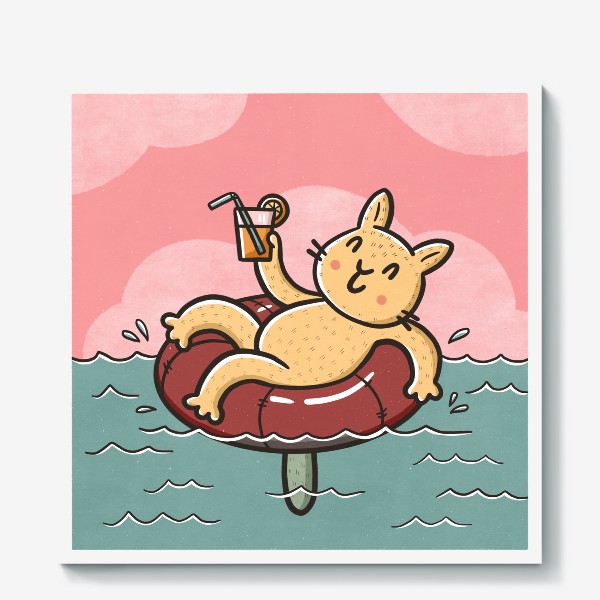 Холст «Милый кот отдыхает на море с коктейлем »