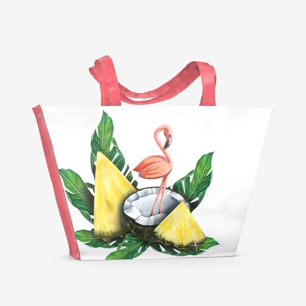 Пляжная сумка «Розовый фламинго с кокосами, ананасами и тропические листья пальмы. Акварель.»