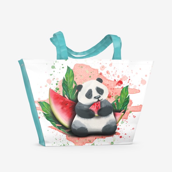 Пляжная сумка &laquo;Милая панда ест арбуз. Акварель.&raquo;