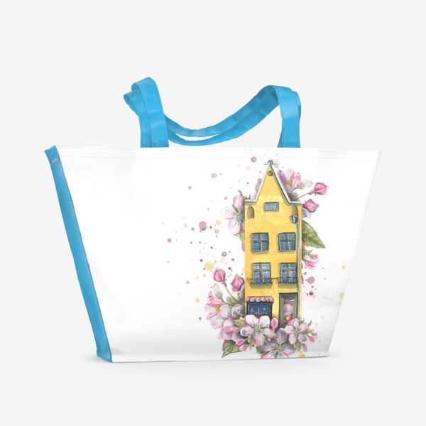 Пляжная сумка «Милый европейский домик в цветах яблони. Акварель.»