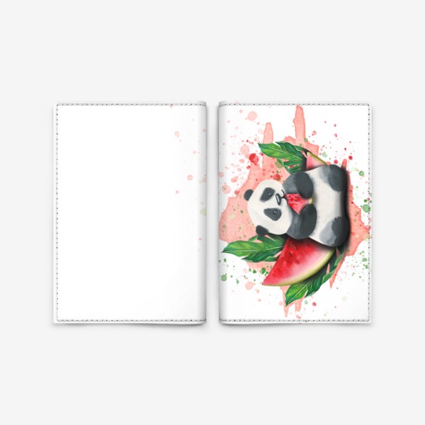 Обложка для паспорта «Милая панда ест арбуз. Акварель.»