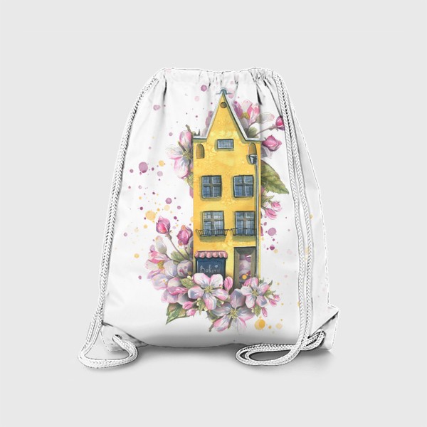 Рюкзак «Милый европейский домик в цветах яблони. Акварель.»