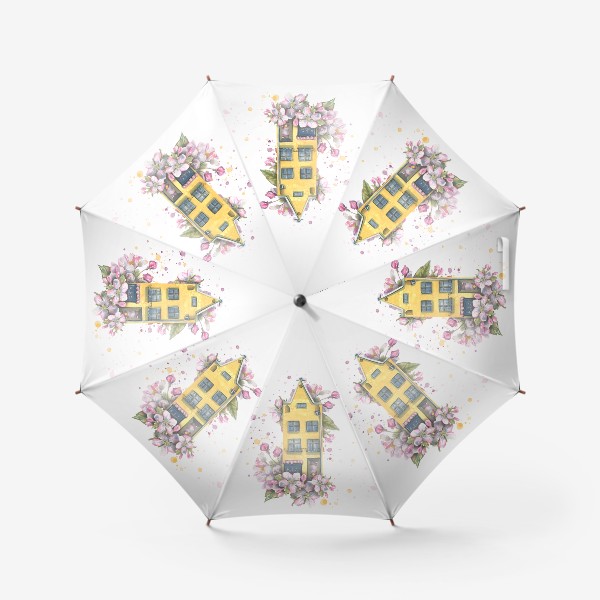 Зонт «Милый европейский домик в цветах яблони. Акварель.»