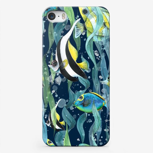 Чехол iPhone «Яркие, полосатые тропические рыбки в море, водоросли. Акварельный паттерн.»