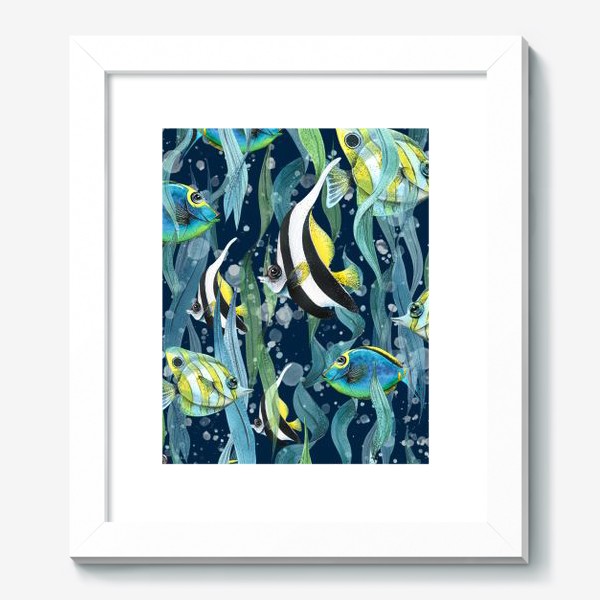 Картина «Яркие, полосатые тропические рыбки в море, водоросли. Акварельный паттерн.»