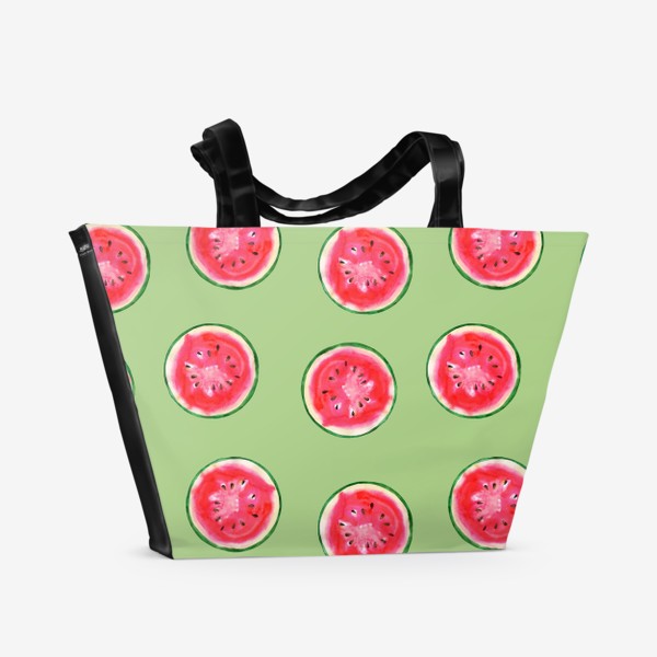 Пляжная сумка «Акварельный арбуз вкусный на зеленом фоне»