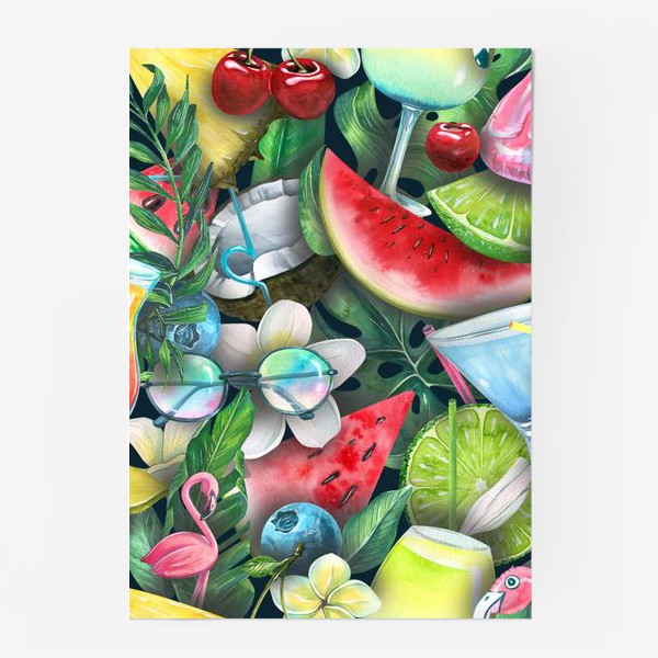 Постер «Пляжный бар, фрукты, ягоды, коктейли, фламинго, тропический, акварельный паттерн.»