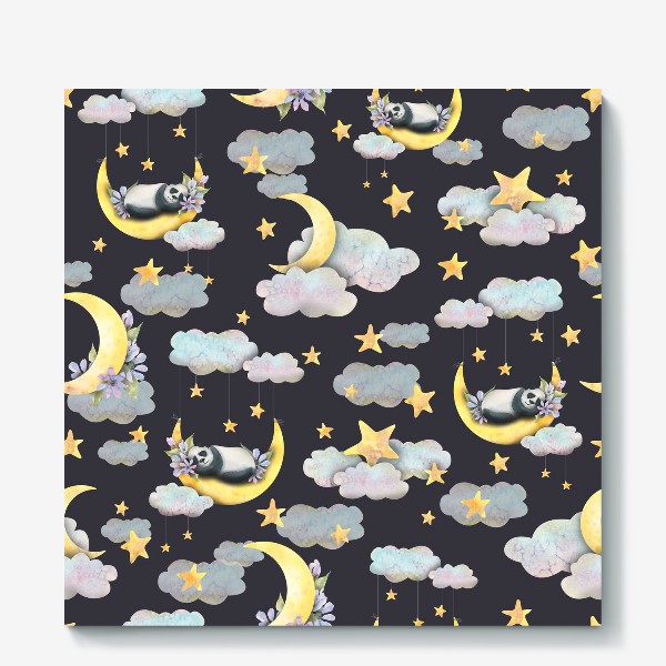 Холст «Милые мишки панды спят на луне в облаках со звездами. Акварельный паттерн.»