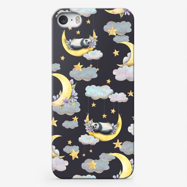Чехол iPhone «Милые мишки панды спят на луне в облаках со звездами. Акварельный паттерн.»