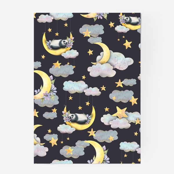 Постер «Милые мишки панды спят на луне в облаках со звездами. Акварельный паттерн.»