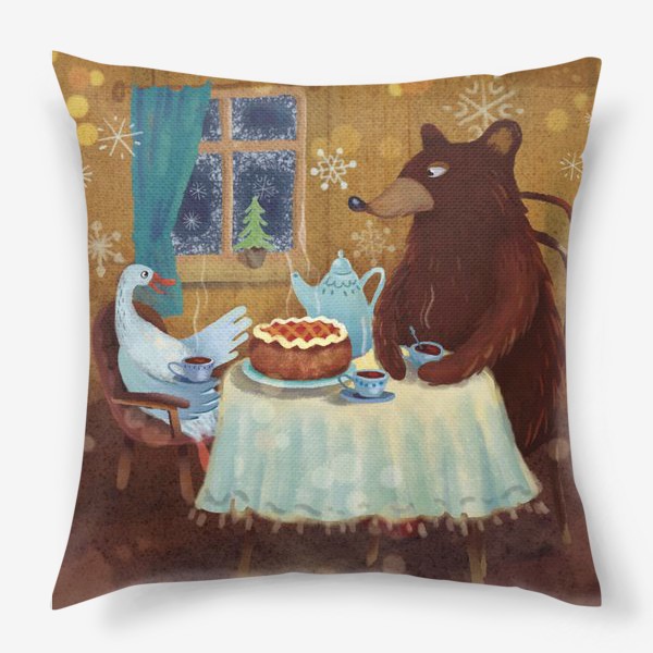 Подушка «Медведь и гусь пьют чай»