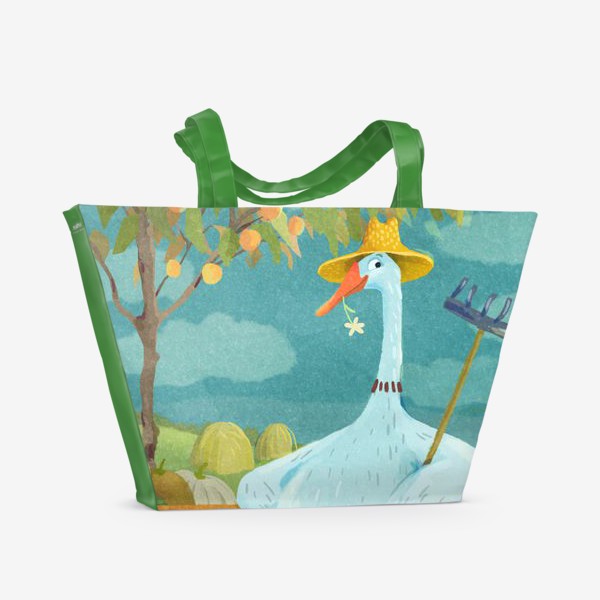 Пляжная сумка «Гусь собрал урожай. тыквы, яблоки, кабачки»