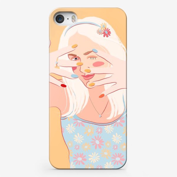 Чехол iPhone « Красивая девушка с белыми волосами и яркими ногтями в цветочном ободке»