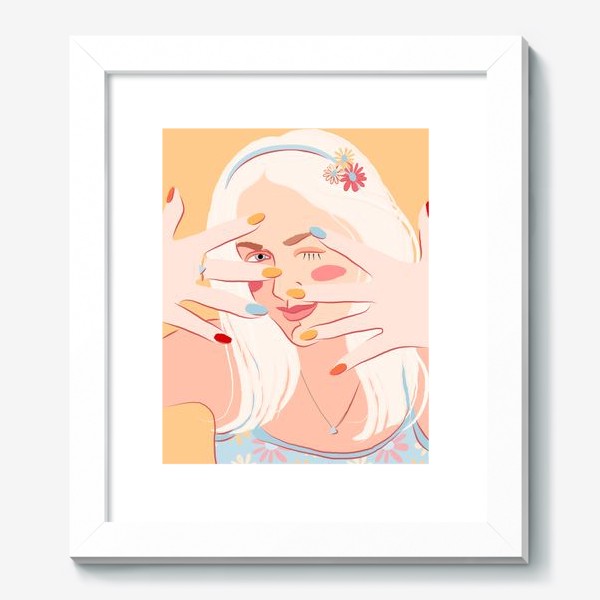 Картина « Красивая девушка с белыми волосами и яркими ногтями в цветочном ободке»